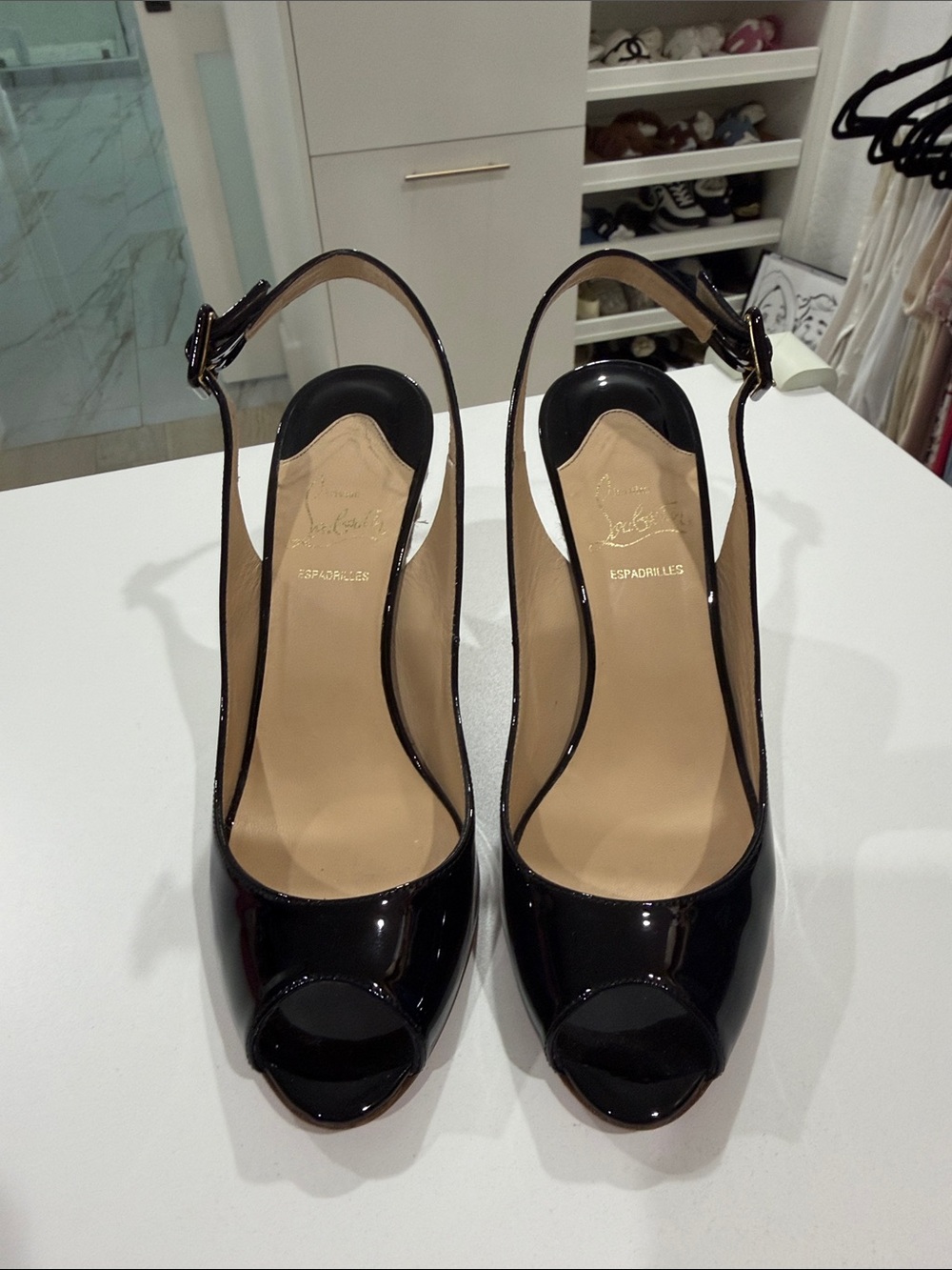 Christian Louboutin Black Patent Puglia Espadrille Peep-Toe Slingback Heels